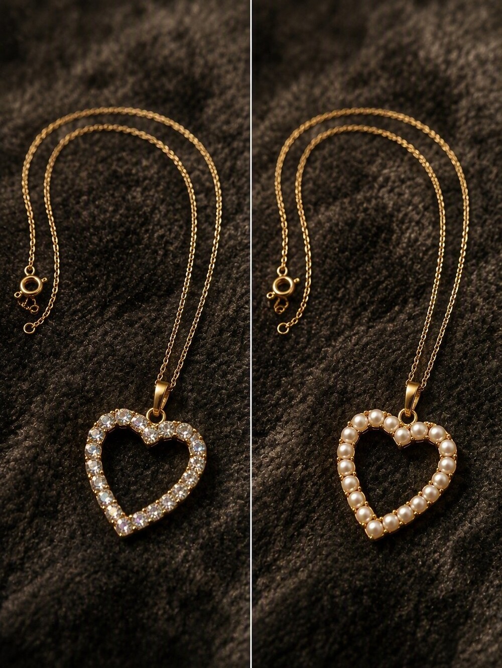 Vintage Reversible Heart Necklace Pearl Crystal Gold Tone Romantic Jewelry CC